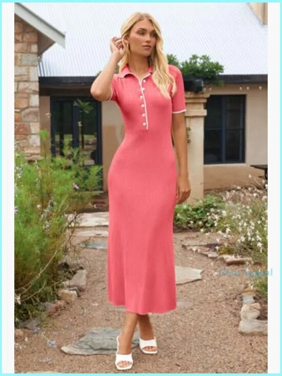 Ribbed Maxi Dress V-Neck Button Front Slim Fit Knit Sweater Dress - Picture 6 of 7